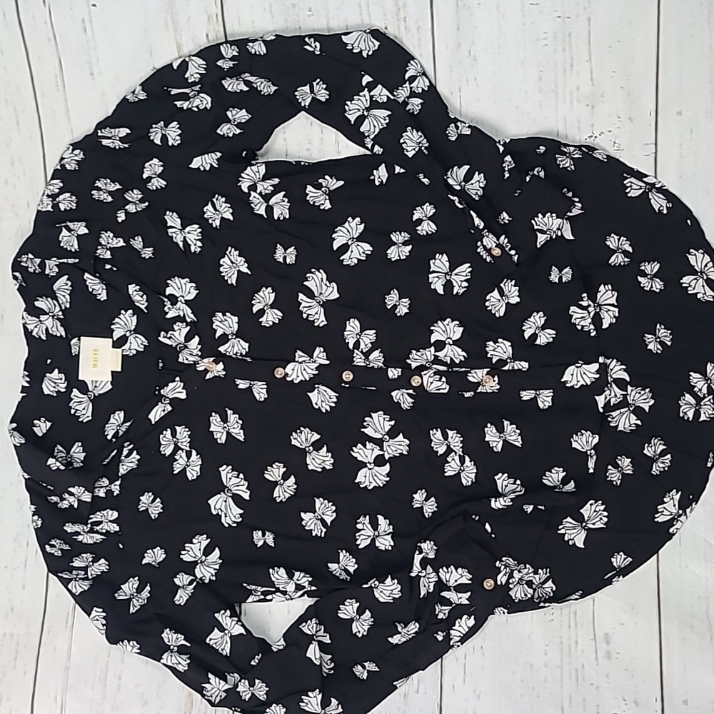 Maeve Black White Bow Tie Button Down Blouse Hi Low Size 10